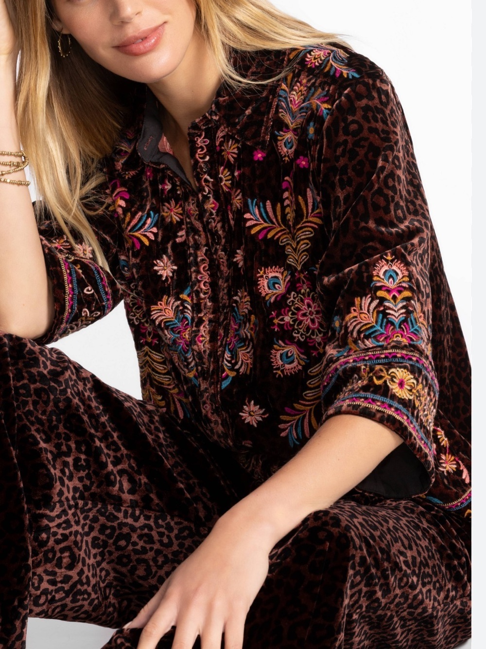 Johnny Was XXL Brandi Embroidered Kimono Sleeve Shirt Misty Leopard Velvet NWT